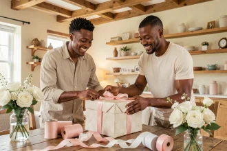 Couple heureux déballant un cadeau de mariage élégamment emballé dans un salon chaleureux et lumineux