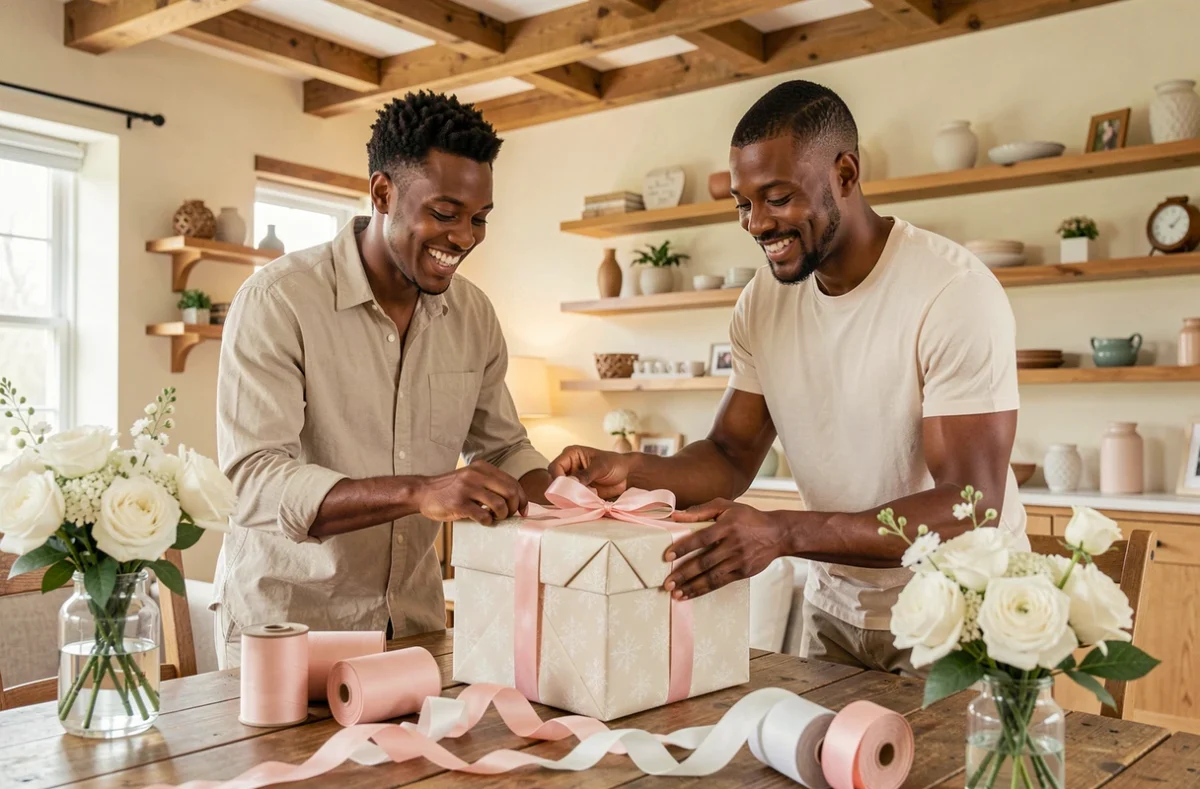 Couple heureux déballant un cadeau de mariage élégamment emballé dans un salon chaleureux et lumineux