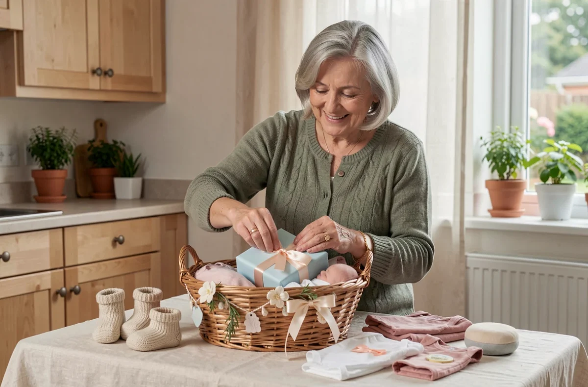 Grand-mère préparant un panier cadeau naissance avec des vêtements bébé dans une cuisine chaleureuse