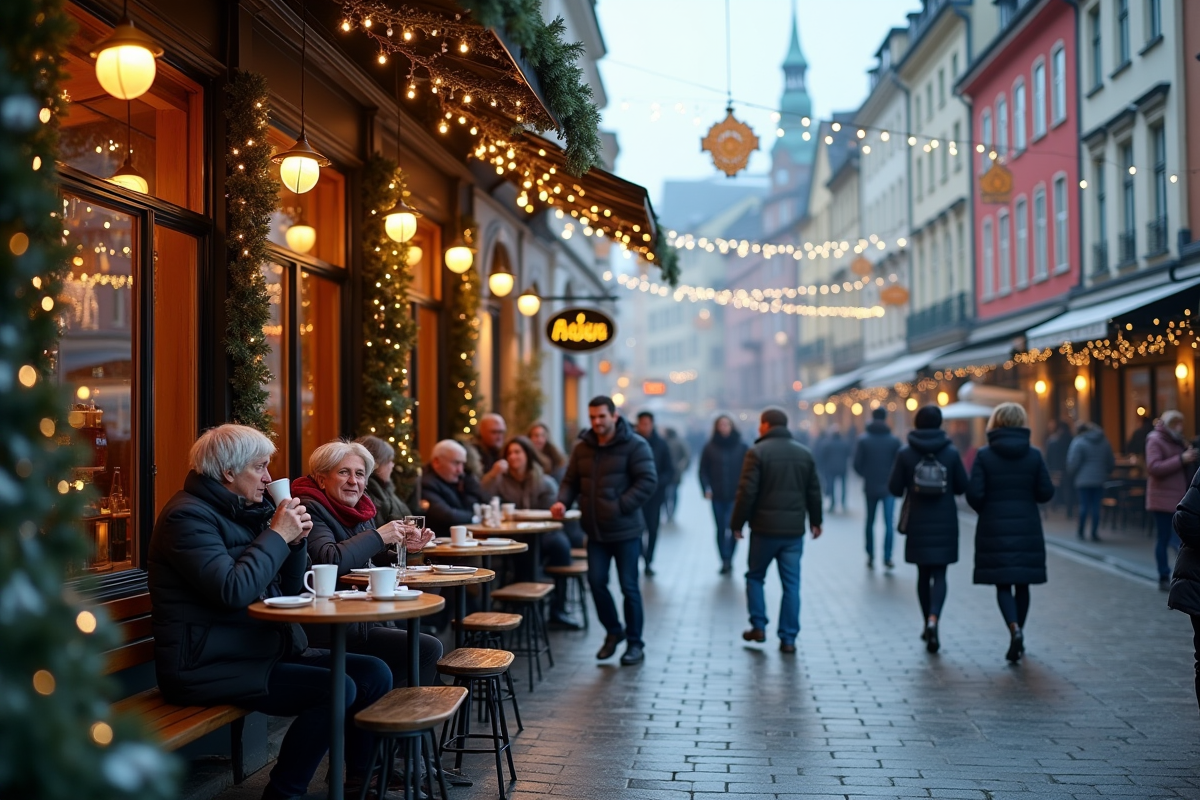 Café en plein air avec personnes en hiver dans une ville nordique