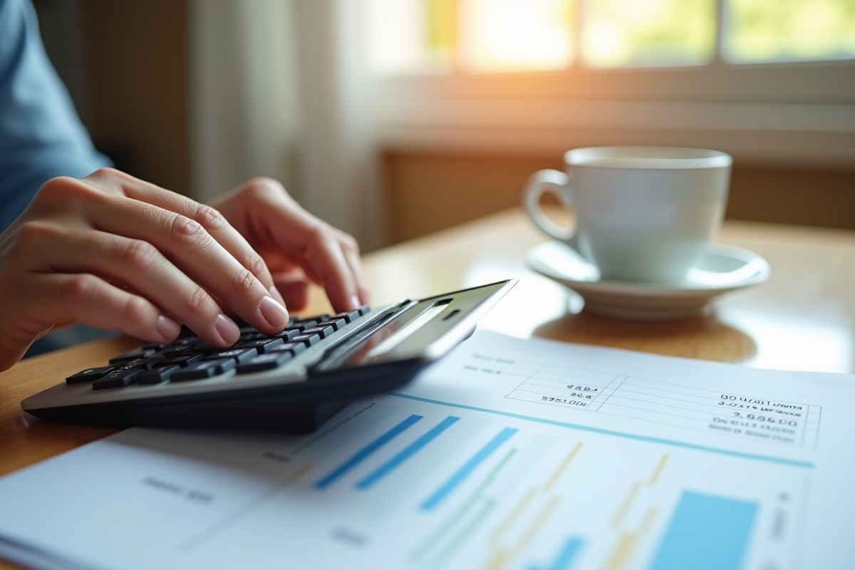 Détail des mains calculant la pension avec une calculatrice et documents