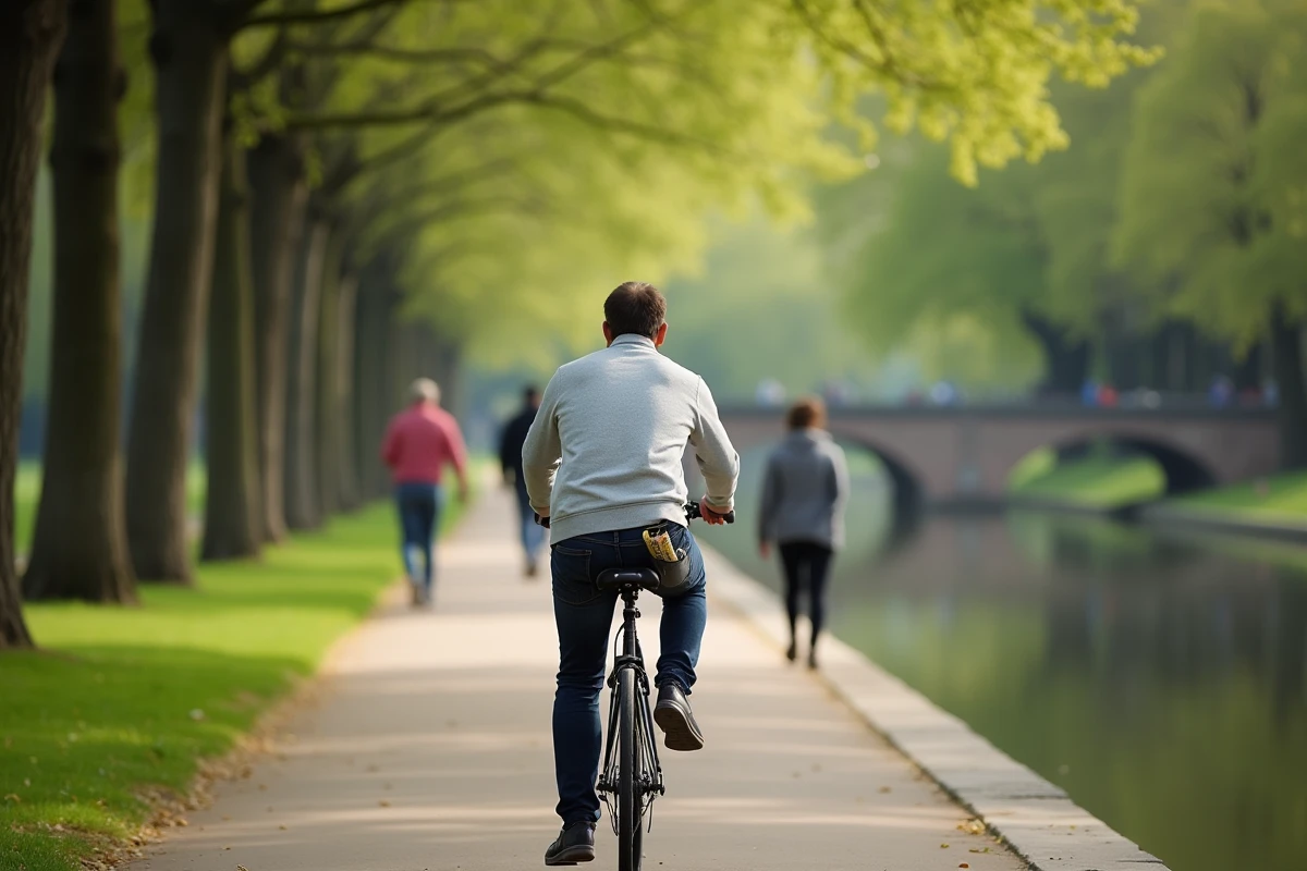 Balade à vélo le long du Canal du Midi à Toulouse sous les platanes avec un cycliste tenant une carte touristique