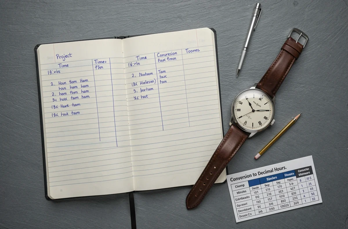 Vue aérienne d'un carnet de planification de projet avec conversions minutes-heures, montre analogique et table de conversion imprimée sur bureau gris