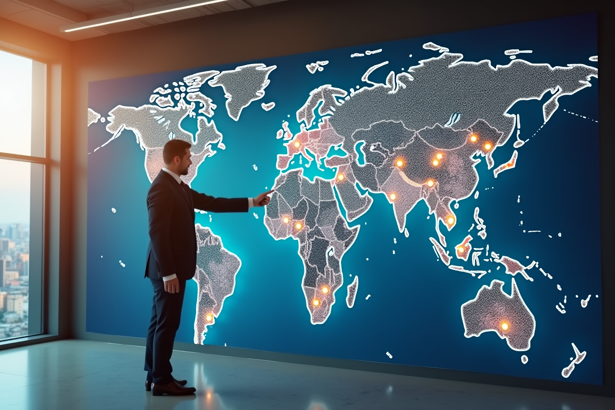 Carte du monde avec emplacements de banques et un professionnel