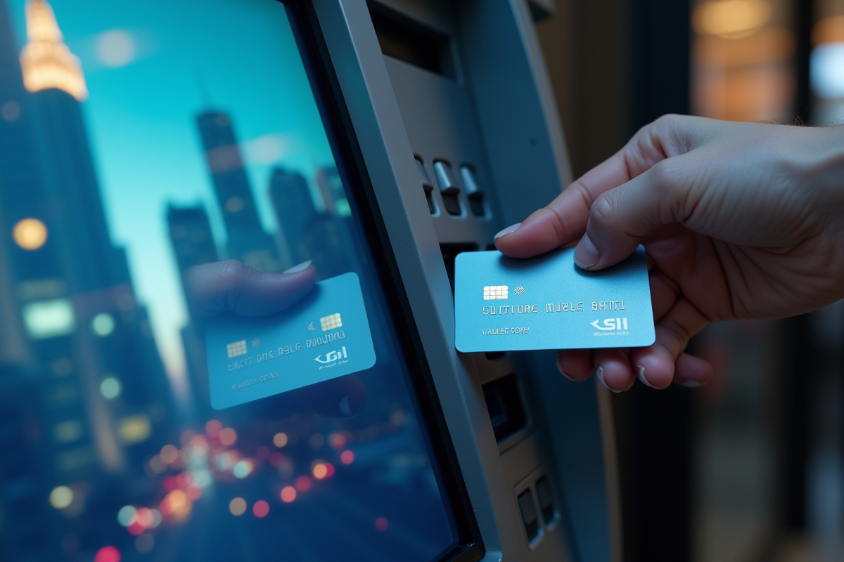Main insérant une carte SDI dans un ATM avec reflet de la ville