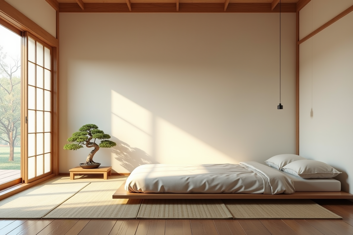 Chambre japonaise avec futon et bonsai pour une ambiance calme