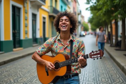 Jeune chanteur br&eacute;silien jouant de la guitare dans la rue de Rio