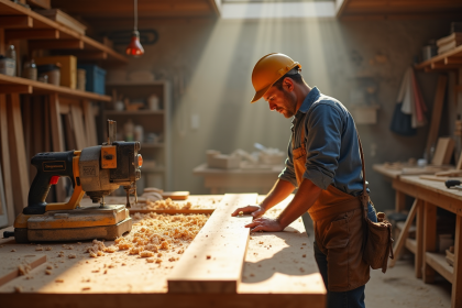Charpentier en atelier lumineux mesurant une planche en bois