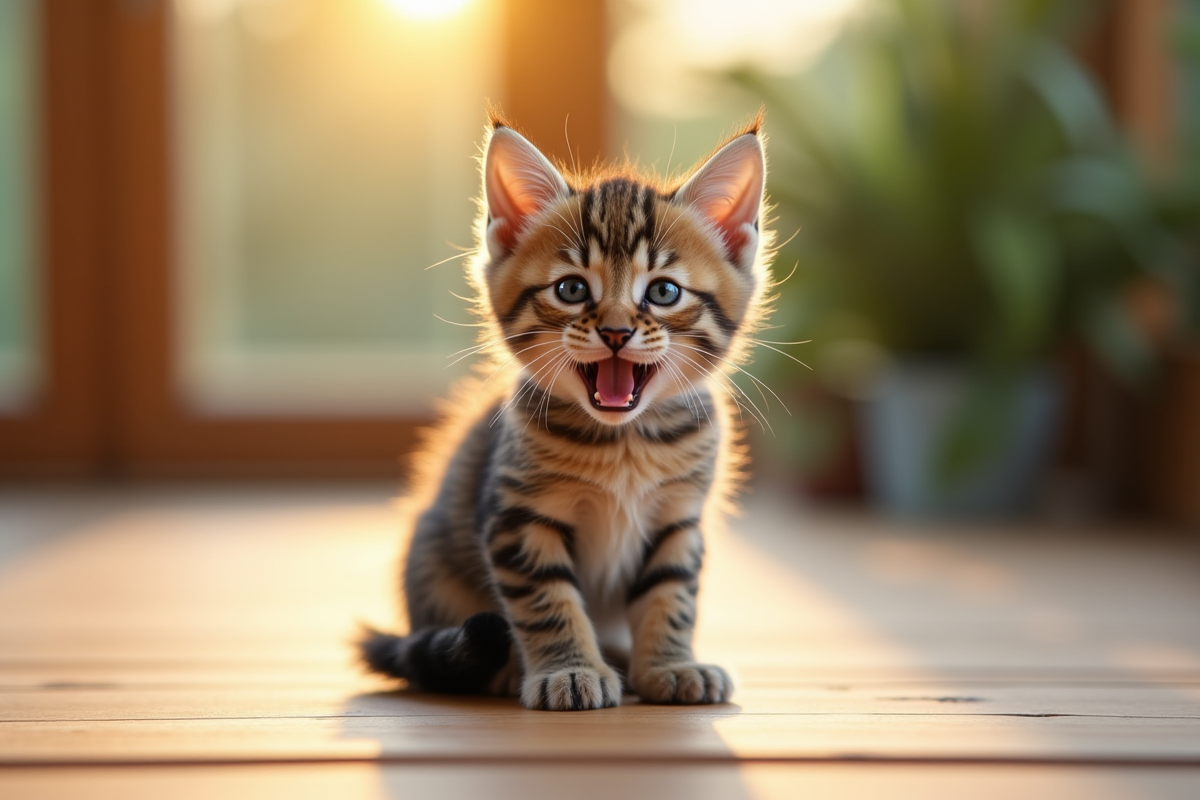 Petit chaton tigré assis sur un sol en bois en plein soleil