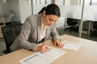 Cheffe de projet annotant des feuilles de temps en minutes et heures sur un bureau en bois dans un bureau moderne