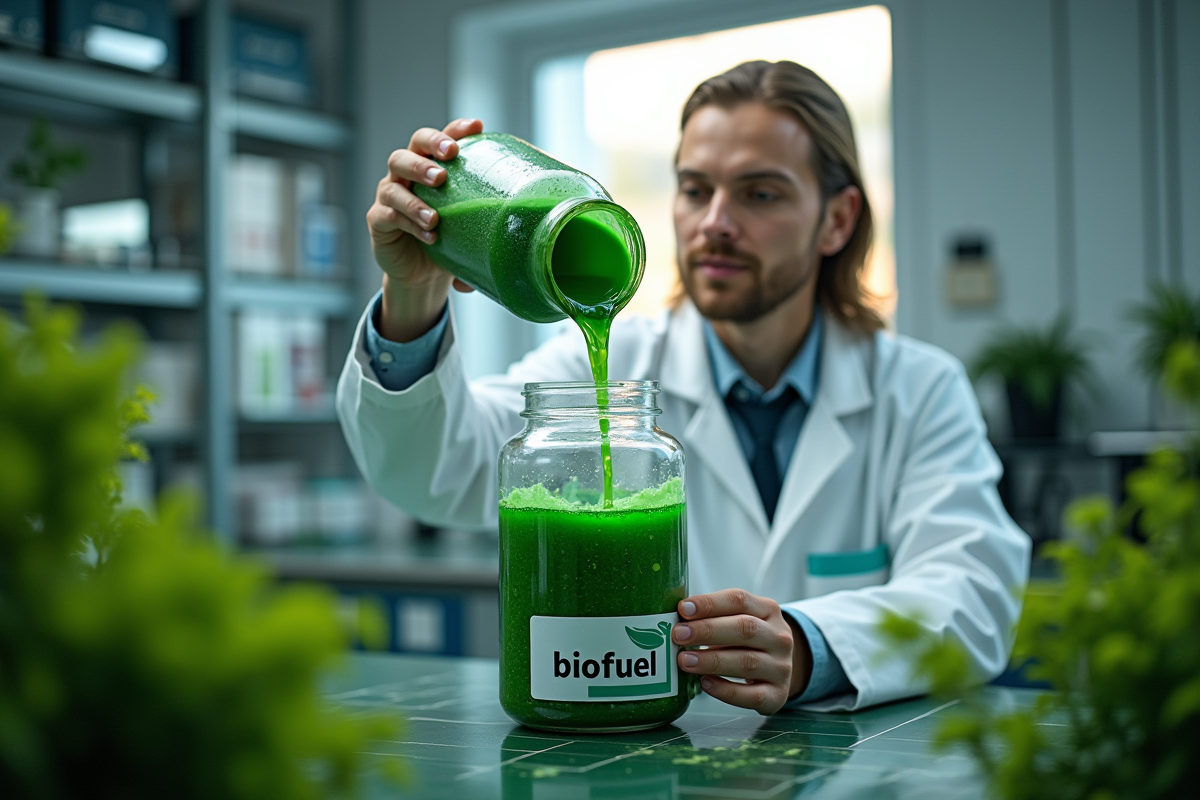 Scientifique versant biocarburant dans un laboratoire moderne
