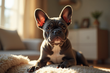 Bulldog francais exotique assis dans un salon lumineux