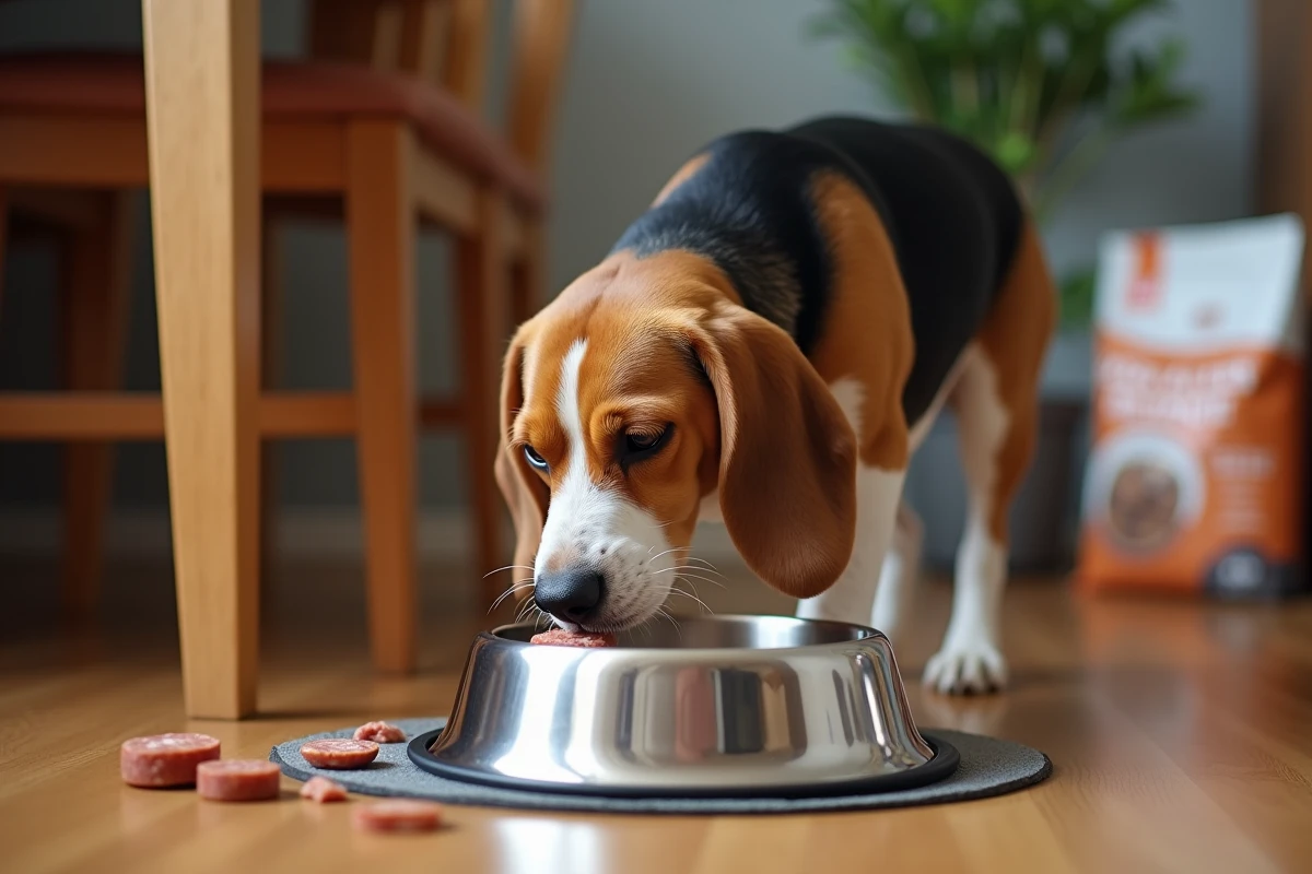 Chien stérilisé attiré par un aliment inapproprié tombé près de sa gamelle, illustrant les erreurs alimentaires courantes