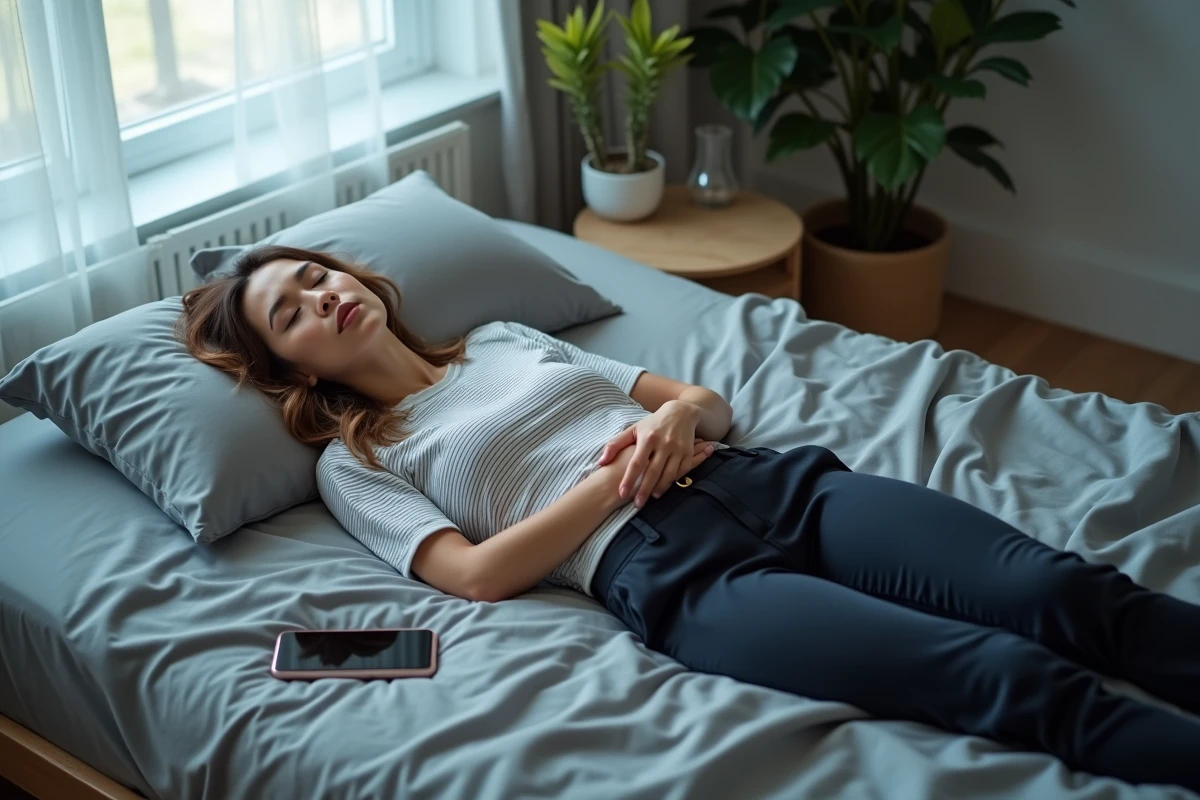 Femme allongée sur son lit tout habillée, choisissant le repos plutôt que de sortir, téléphone posé à côté d'elle