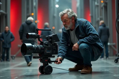 Cinématographe professionnel cadrant une scène de film de super-héros sur un grand plateau de tournage aux décors métalliques