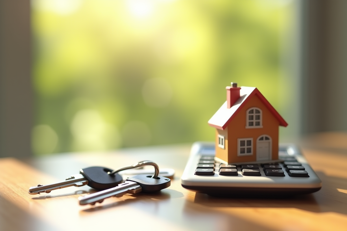 Clés de maison une calculatrice et une maquette sur une table en bois