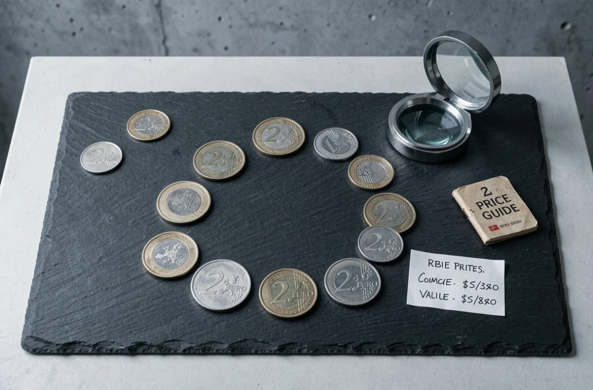 Disposition à plat de pièces de 2 euros rares sur ardoise avec guide de cotation et loupe