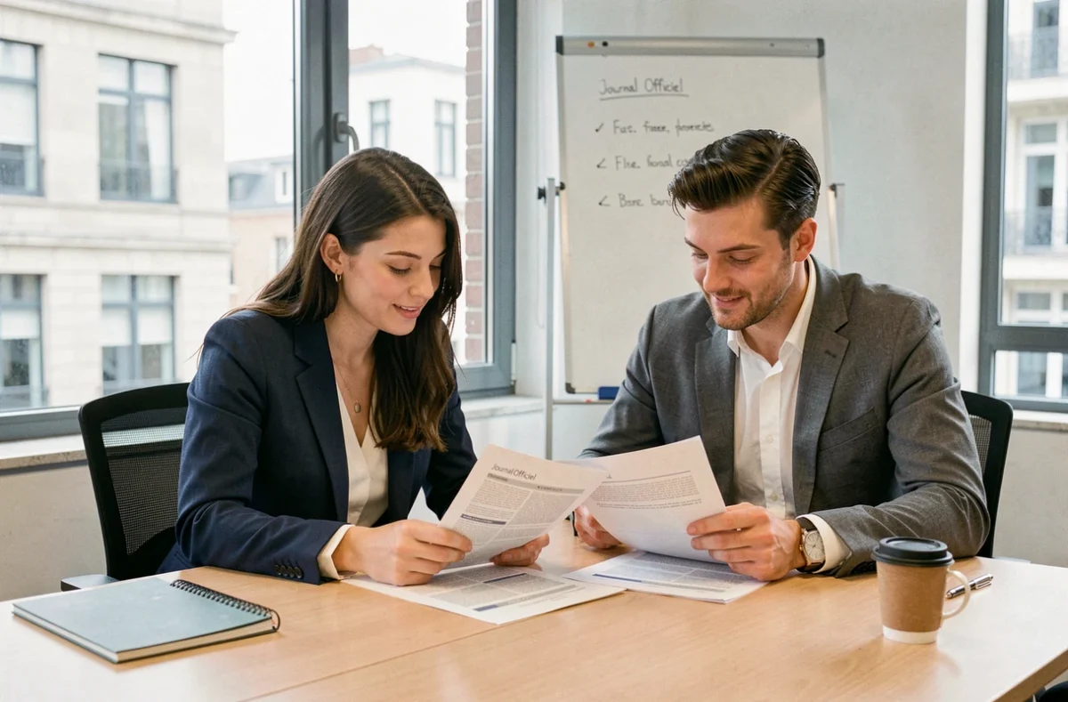 Deux collègues analysant ensemble une publication au Journal Officiel dans une salle de réunion moderne