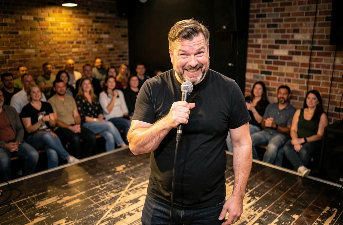 Comédien de stand-up masculin sur scène dans un club de comédie avec un sourire espiègle tenant un micro