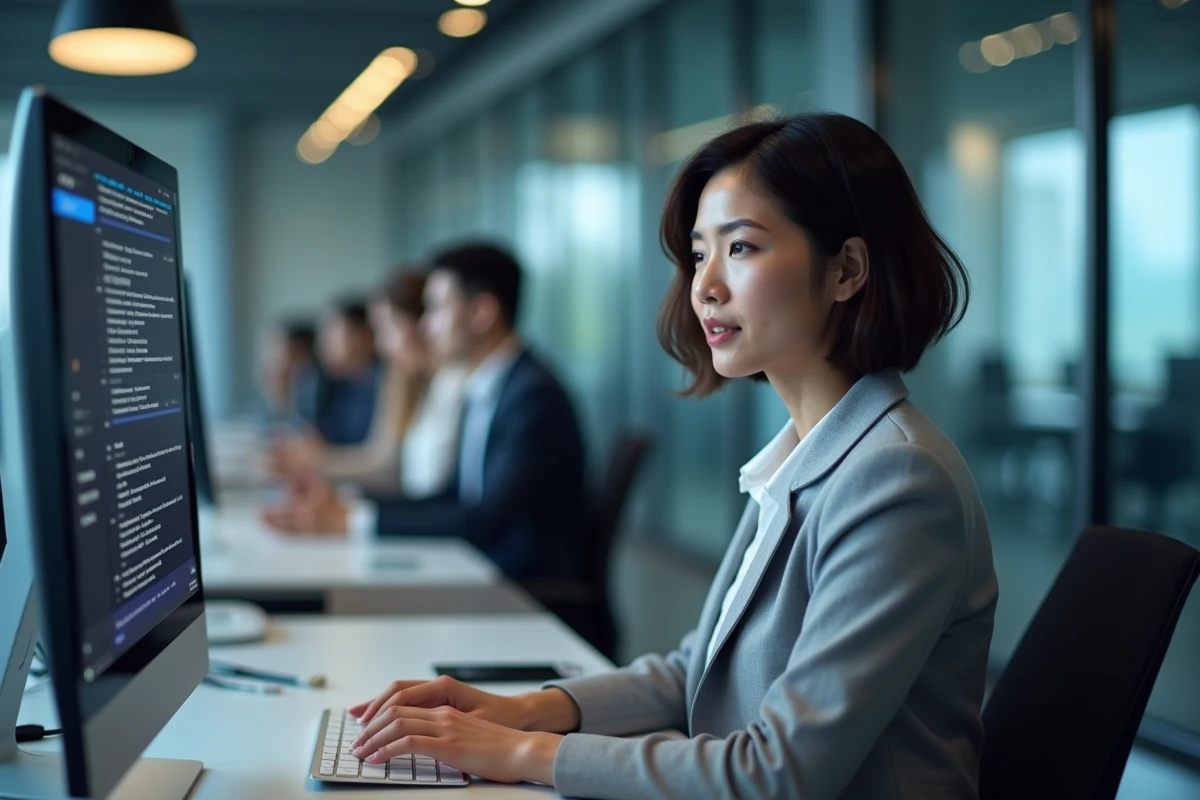 Femme en entreprise configurant un VPN sur ses écrans de bureau pour contourner les restrictions réseau