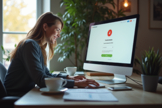 Personne souriante devant un écran de transfert bancaire en ligne