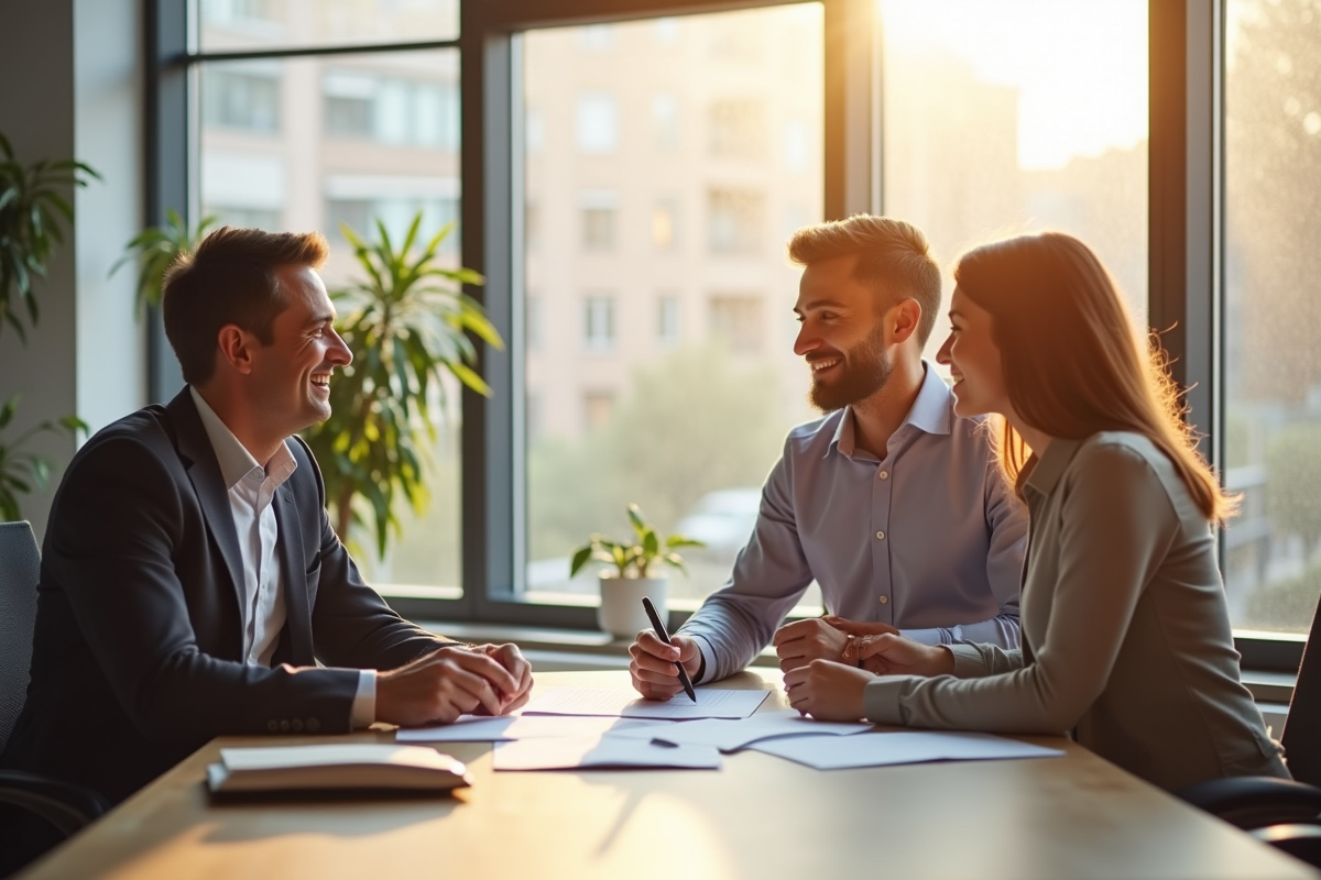 Conseiller financier et couple discutant prêt immobilier
