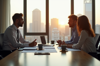 Conseiller financier expliquant un prêt immobilier à un couple