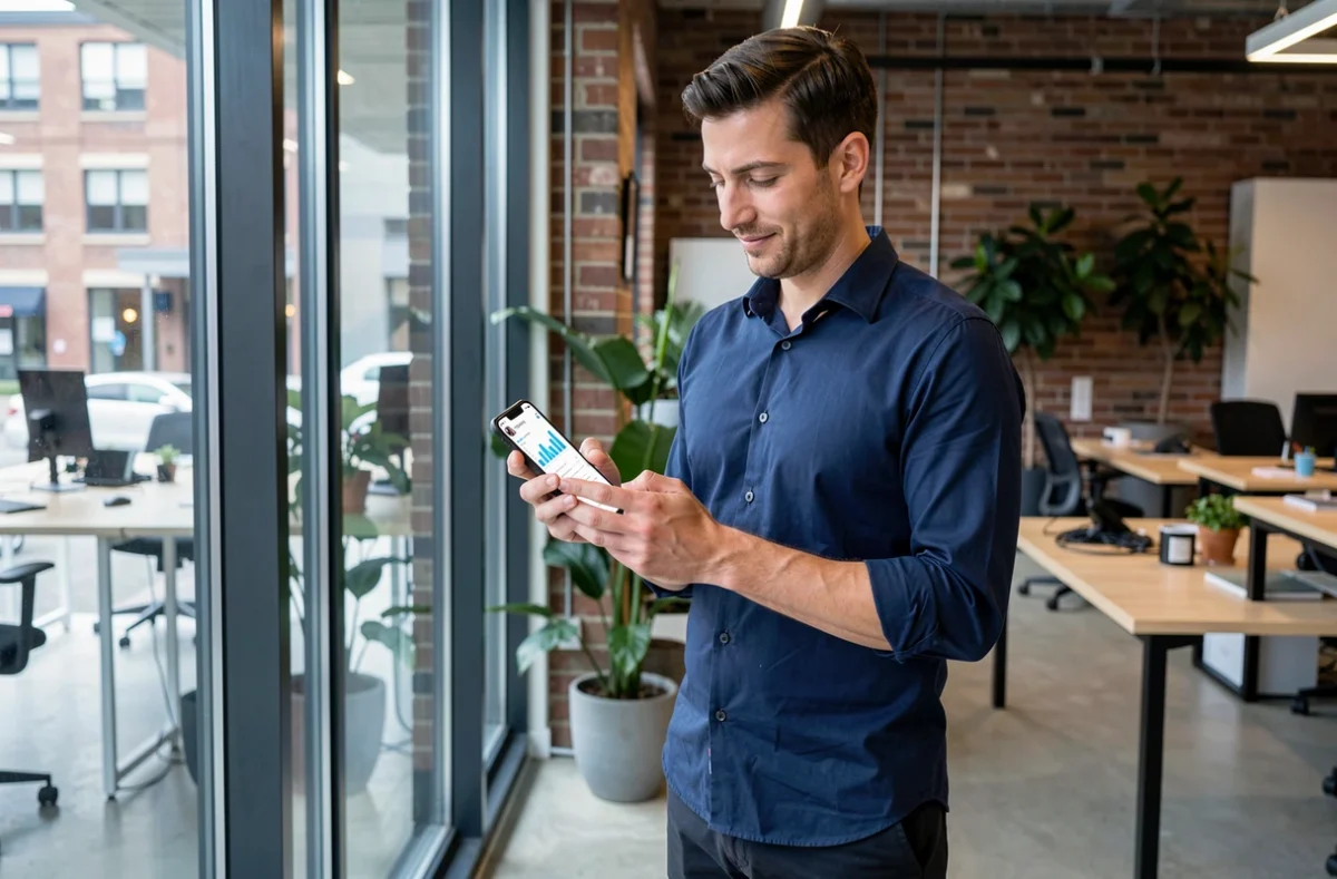 Homme consultant les statistiques Instagram Story sur smartphone dans un espace de coworking moderne