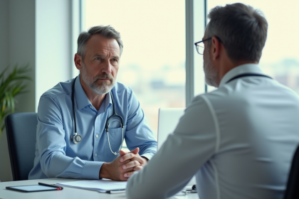 Médecin et patient discutant dans un cabinet lumineux