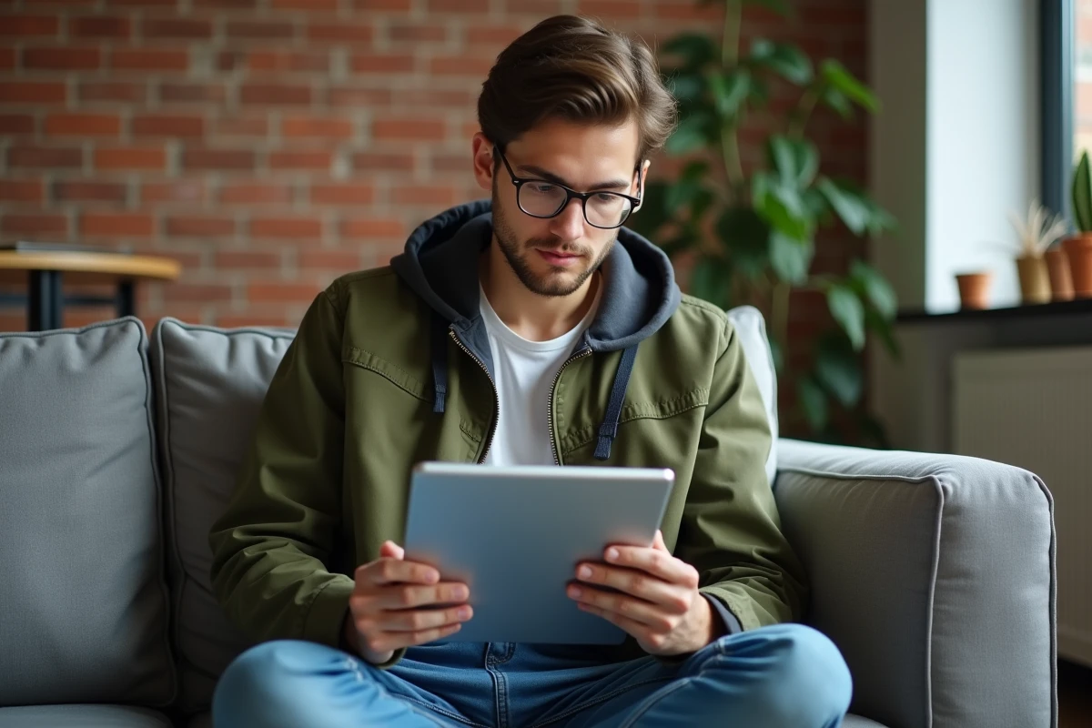 Jeune personne utilisant une tablette pour configurer un proxy et accéder à un site bloqué depuis son salon