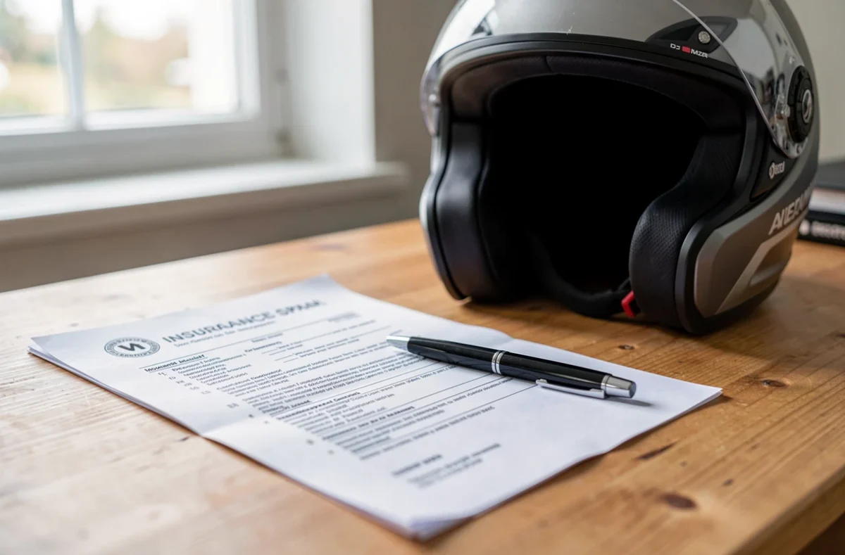 Contrat d'assurance moto posé sur un bureau à côté d'un casque