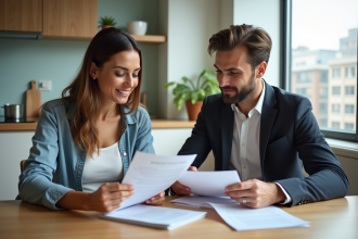 Couple adulte examinant des factures dans un appartement lumineux
