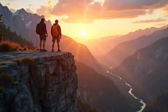 Jeune couple au sommet d'une falaise au lever du soleil