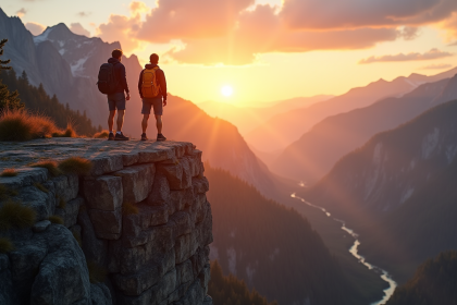Jeune couple au sommet d'une falaise au lever du soleil