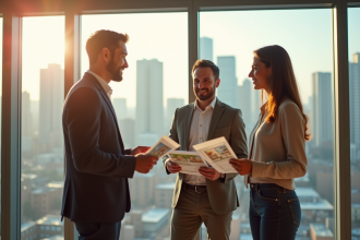 Jeune couple confiant rencontrant un agent immobilier dans un appartement lumineux