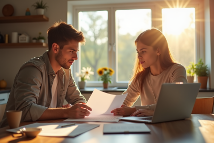 Jeune couple lisant des documents de prêt immobilier à la maison