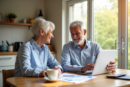 Couple senior souriant à la table de cuisine pour la retraite