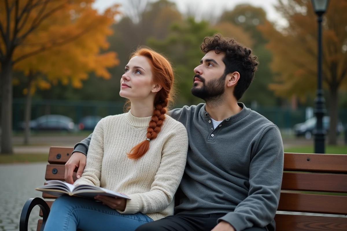 Couple regardant le ciel en soirée dans un parc urbain avec un magazine de zodiaque, illustrant la compatibilité amoureuse du signe du 12 juillet
