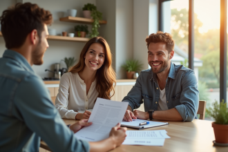 Jeune couple souriant discutant de prêt immobilier