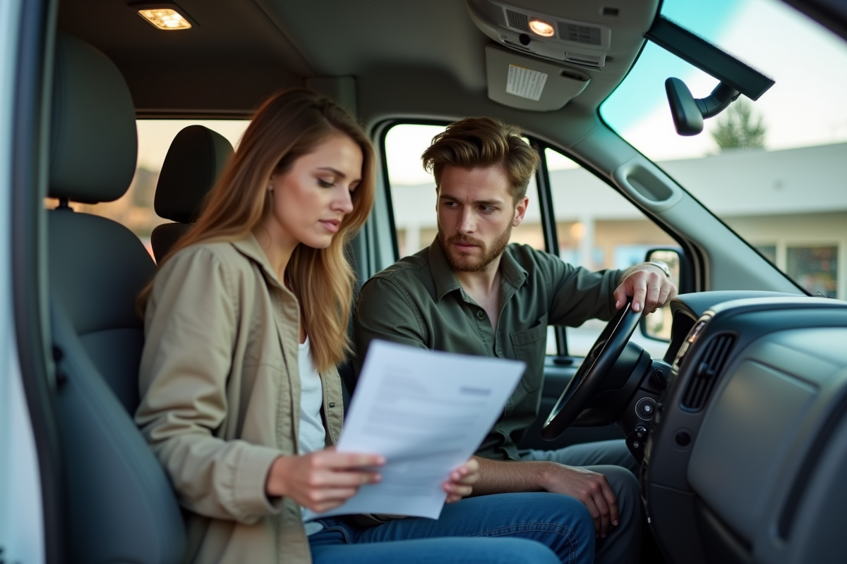 Jeune couple inspectant un utilitaire blanc d'occasion à l'extérieur