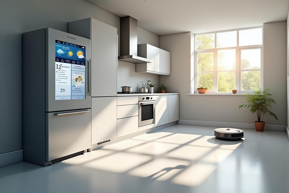 Cuisine minimaliste avec appareils connectes et lumiere naturelle