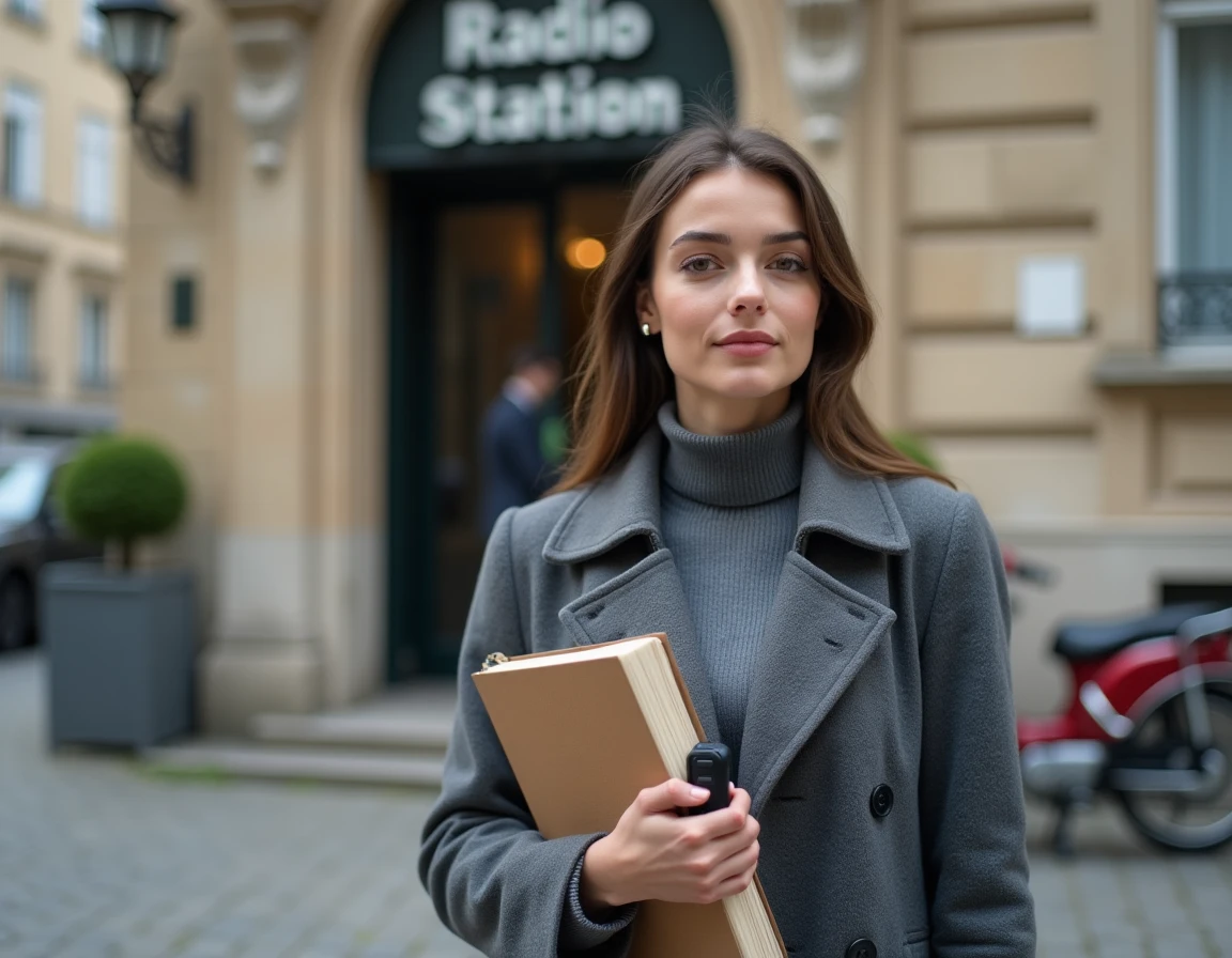 Jeune journaliste debout devant une station de radio régionale française avec un carnet de notes, symbolisant les débuts d'une carrière journalistique