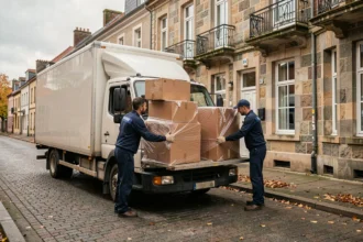 Équipe de déménageurs professionnels chargeant un camion devant un immeuble en pierre typique de Laval, Mayenne