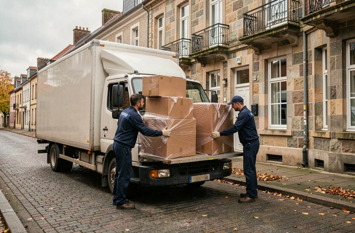 Équipe de déménageurs professionnels chargeant un camion devant un immeuble en pierre typique de Laval, Mayenne