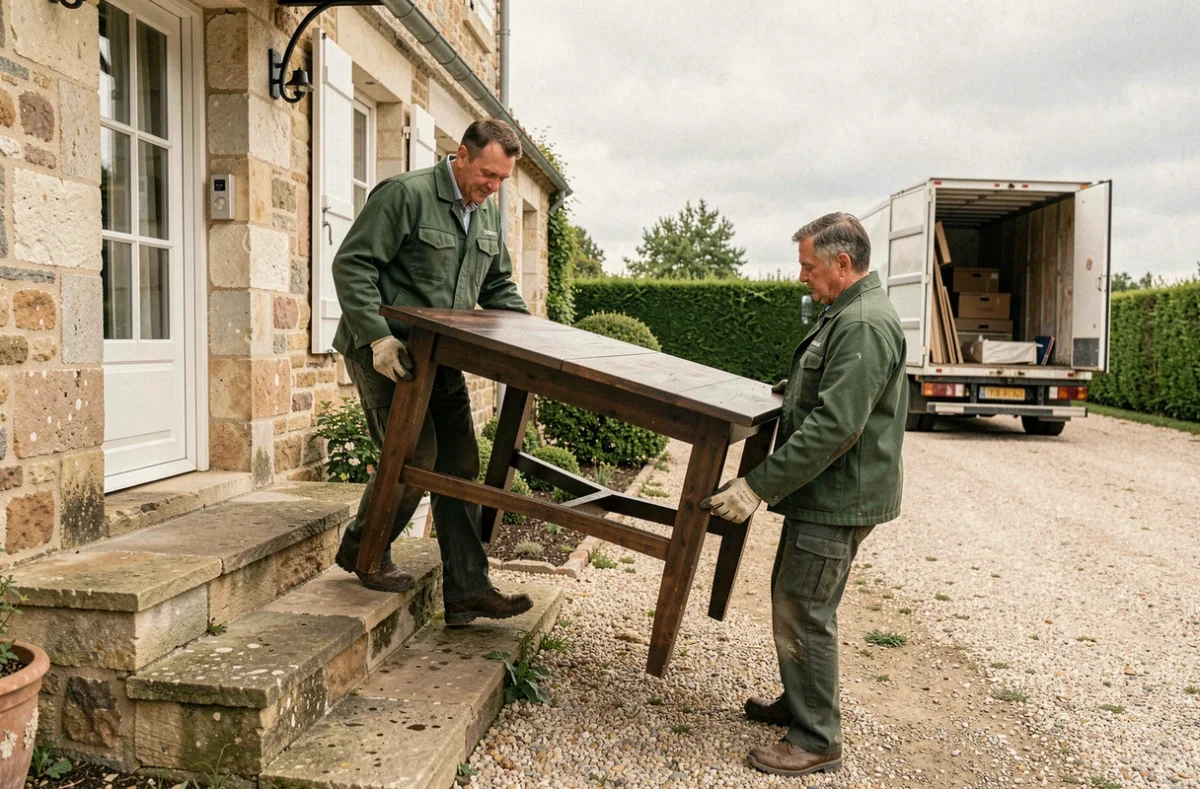 Deux déménageurs de Déménagements Bachelot Fils portant une table en bois dans une cour en gravier d'une maison mayennaise