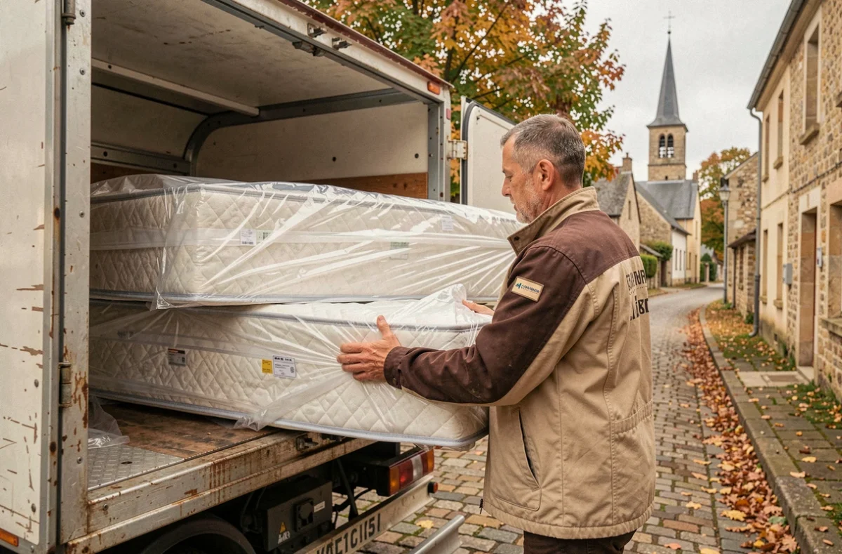 Déménageur de Déménagements Hunault chargeant un matelas emballé dans un camion sur une rue d'un village mayennais