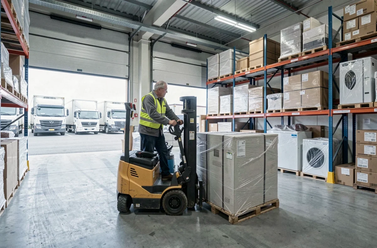 Travailleur logistique de Déménagements Transports et Stockage Poisson manœuvrant une palette dans un entrepôt industriel