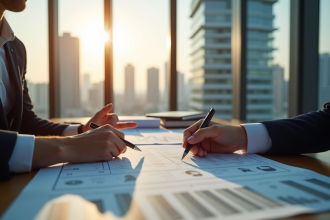 Développeur immobilier dans un bureau moderne avec plans et ville
