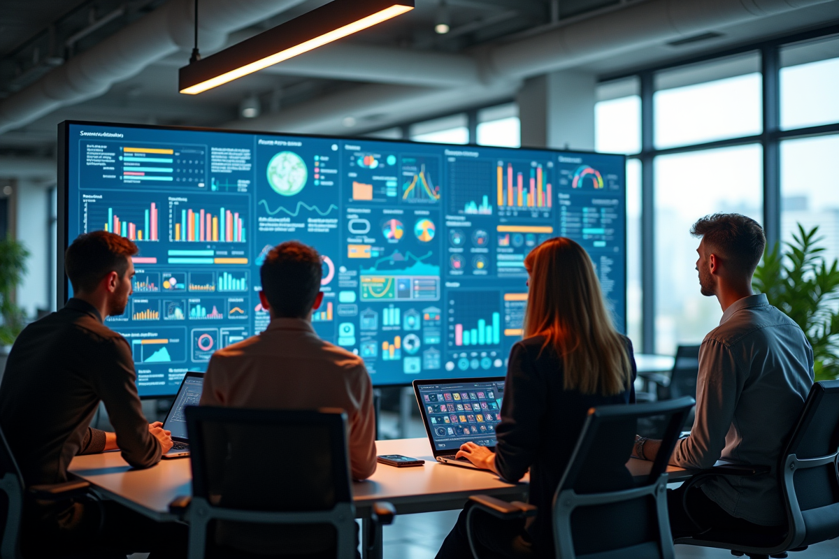 Groupe de developpeurs collaborant dans un bureau moderne avec grand ecran interactif