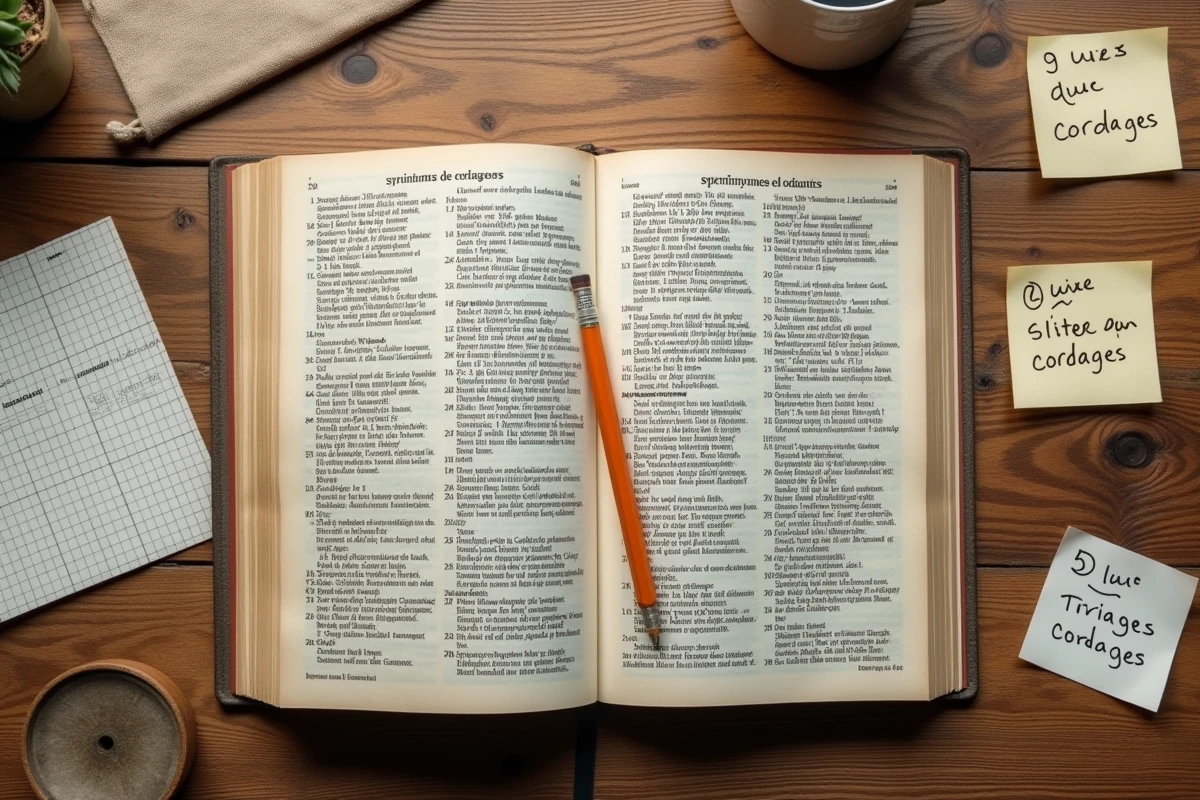 Vue aérienne d'un dictionnaire de synonymes ouvert avec une grille de mots croisés manuscrite et des notes sur les cordages